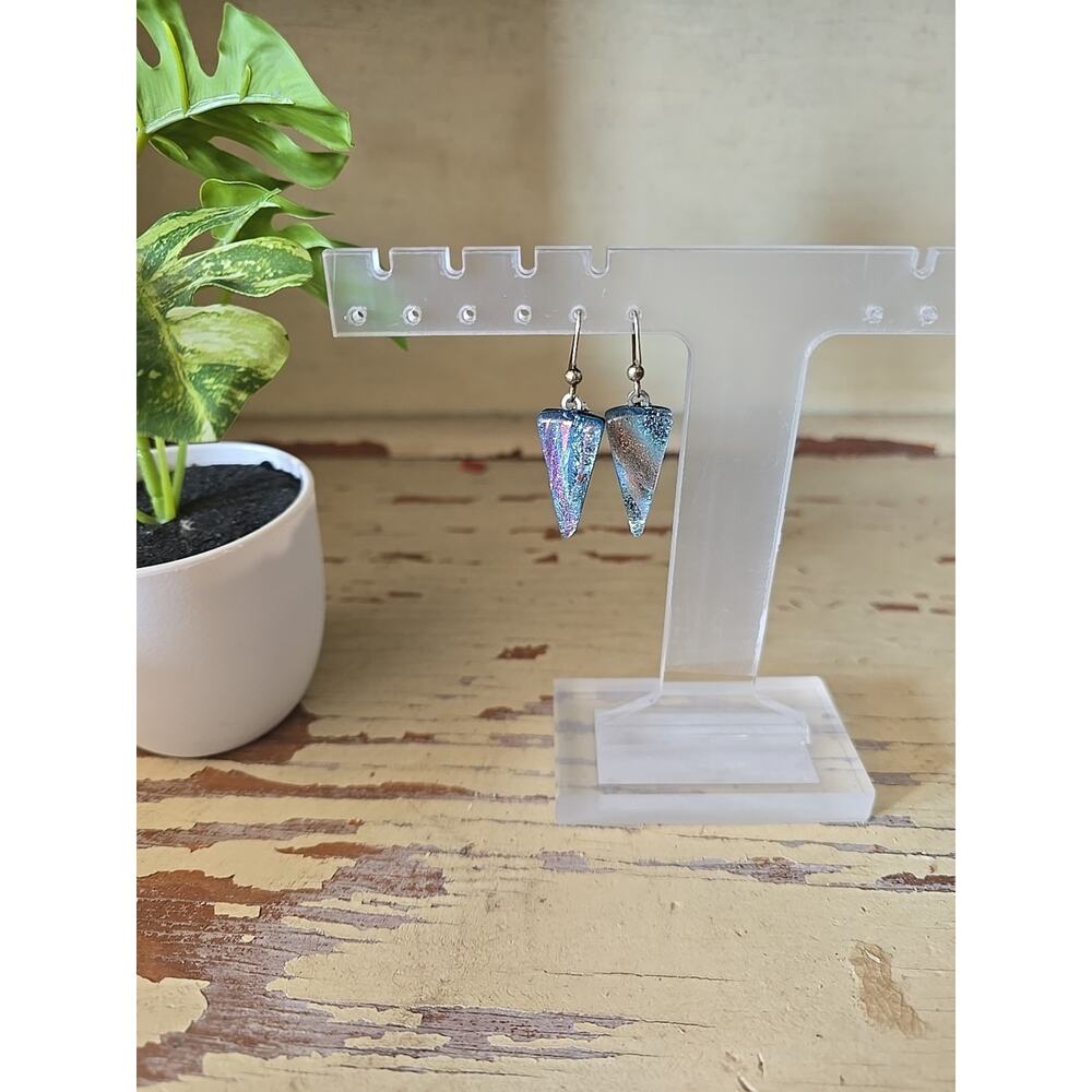 Blue Triangular Iridescent Silver Tone Elegant Fashion‎ Jewelry Dangle Earrings